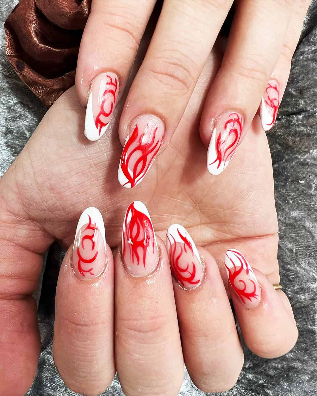 hand painted red flame nails