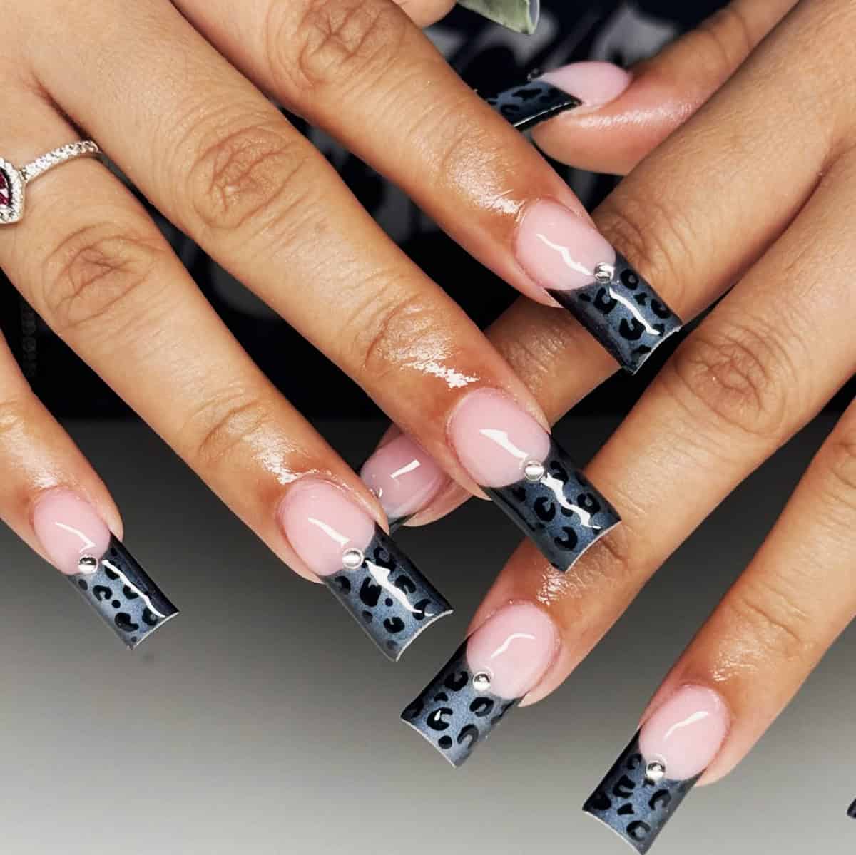 pink square rhinestone black leopard print nails