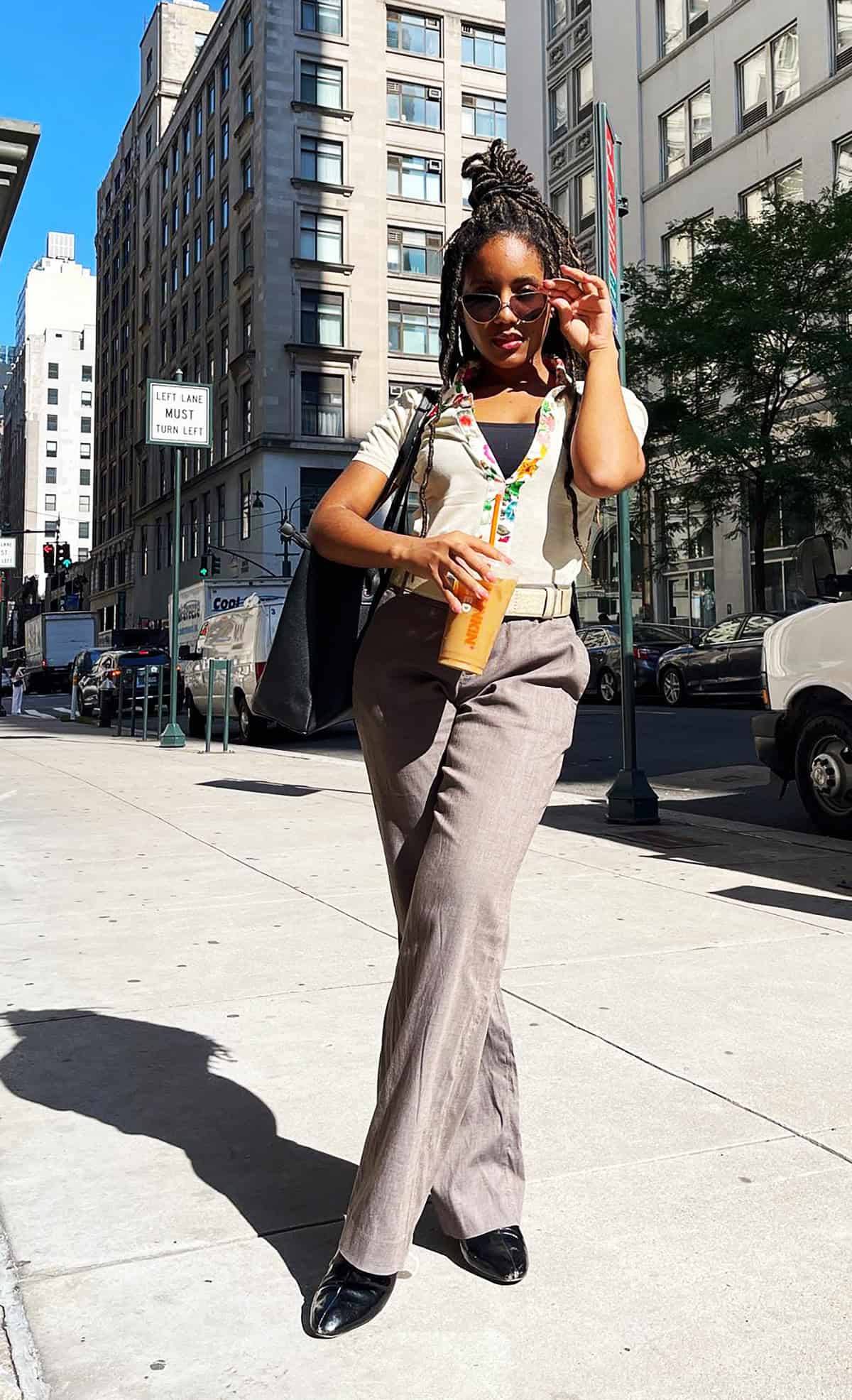 cream top grey wide leg trouser office attire for women