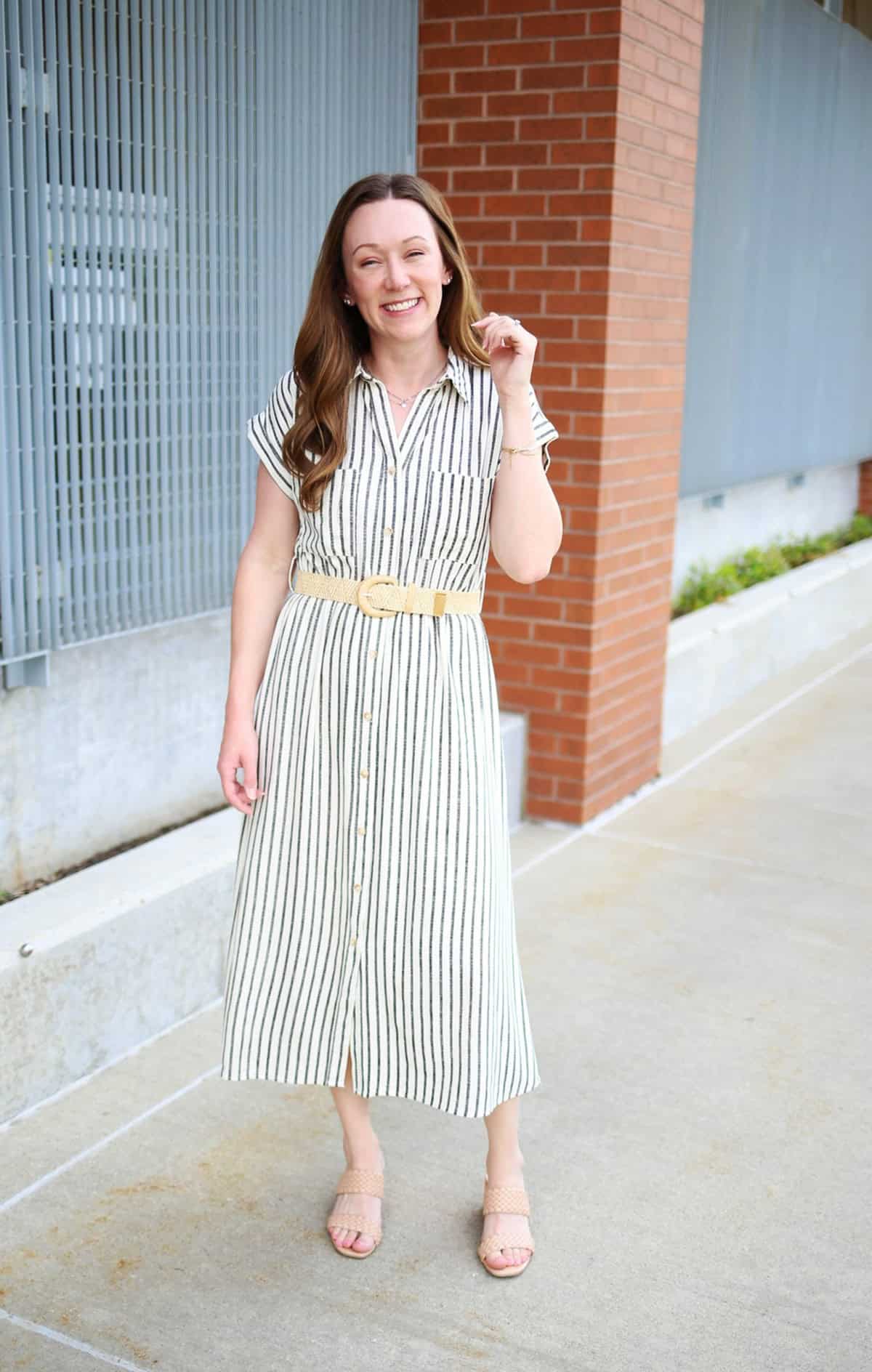 pinstripe linen shirt dress office attire for summer
