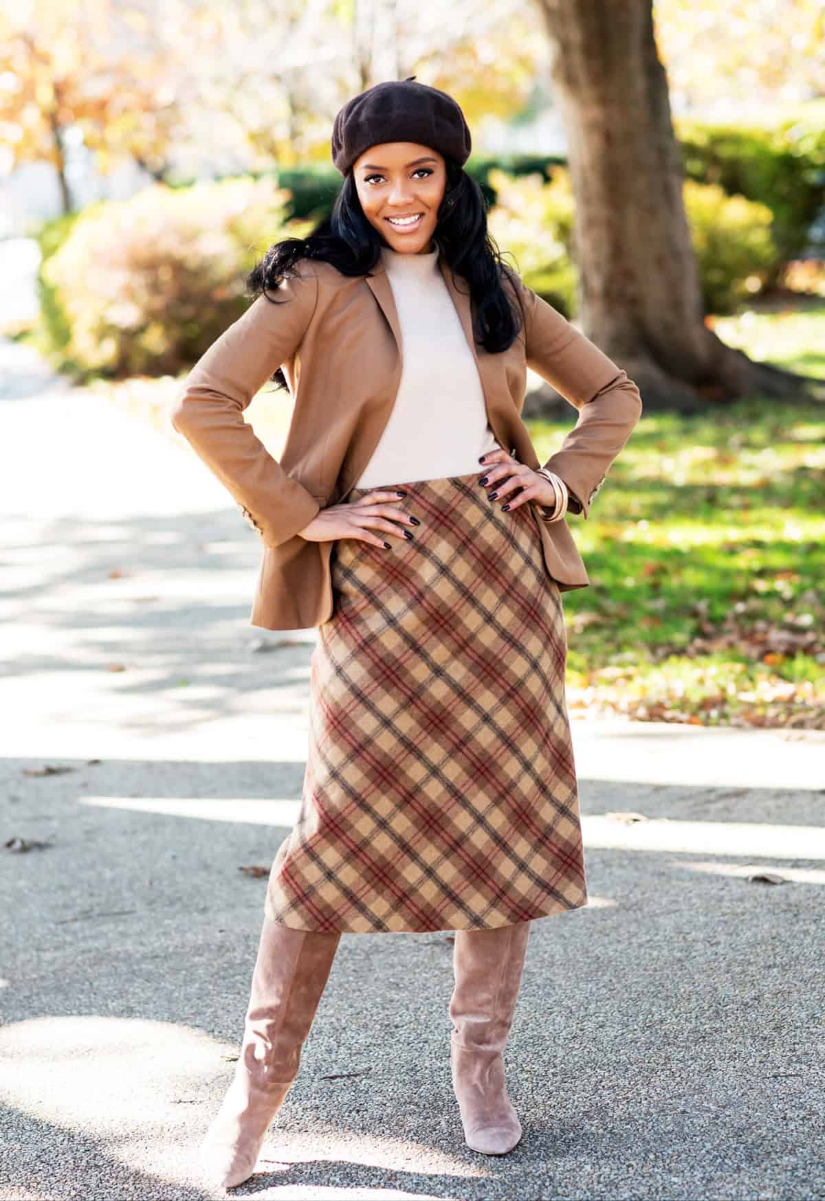 camel blazer plaid midi skirt outfit office attire for women