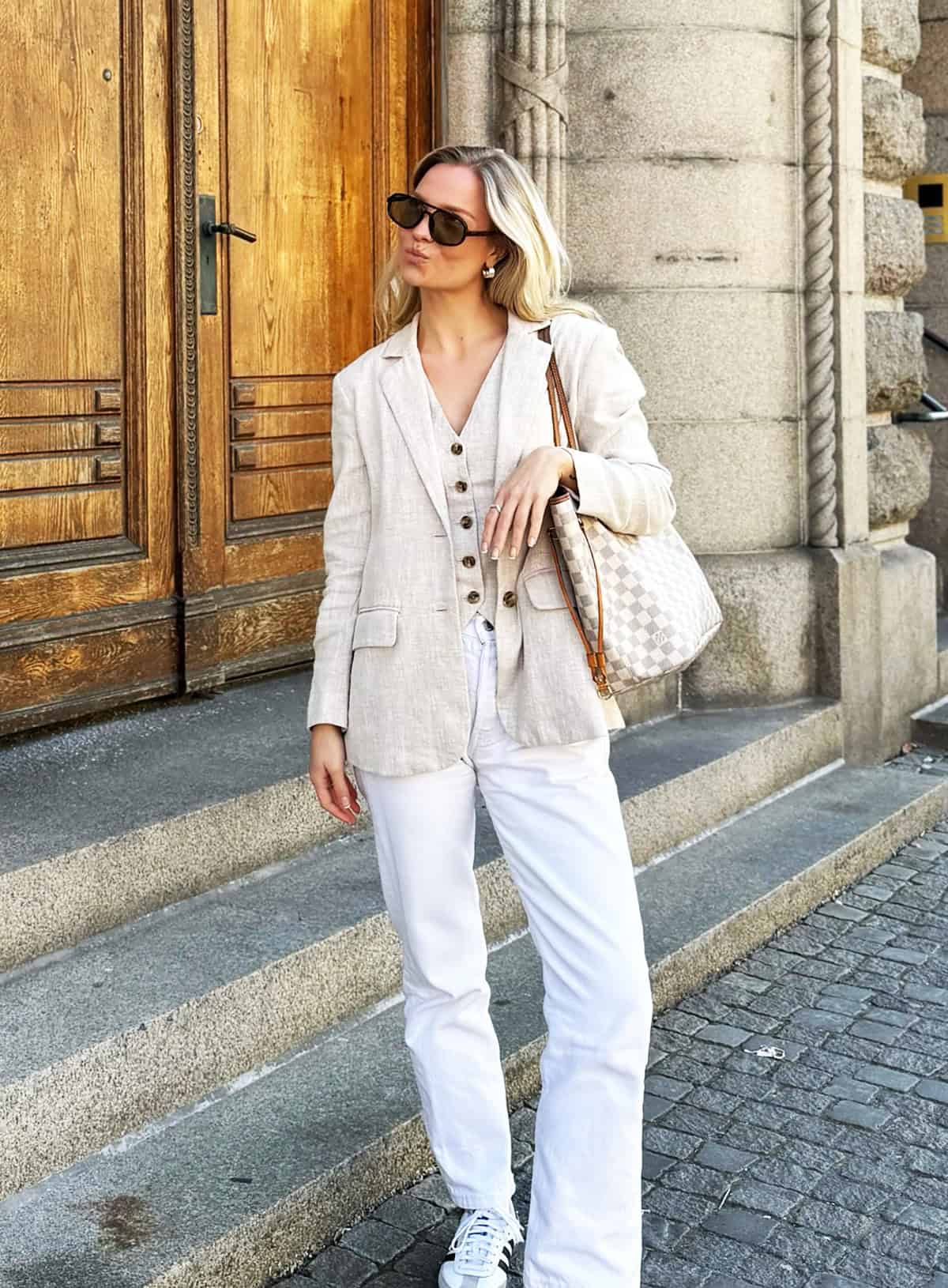 linen blazer white jeans sneaker outfit office attire for women