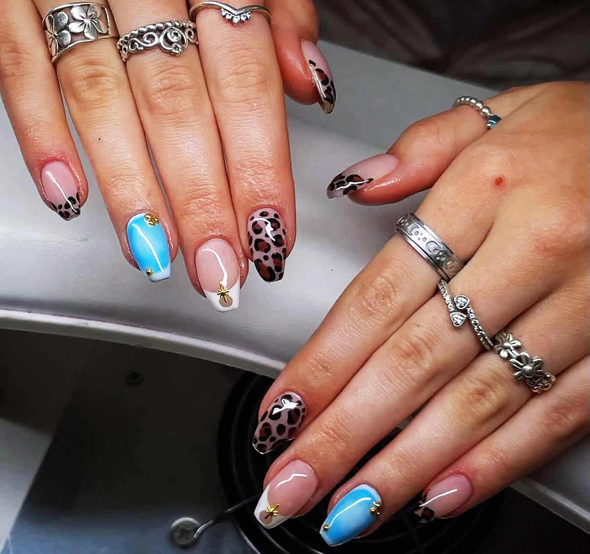 mixed almond cheetah blue French tips cheetah print nails