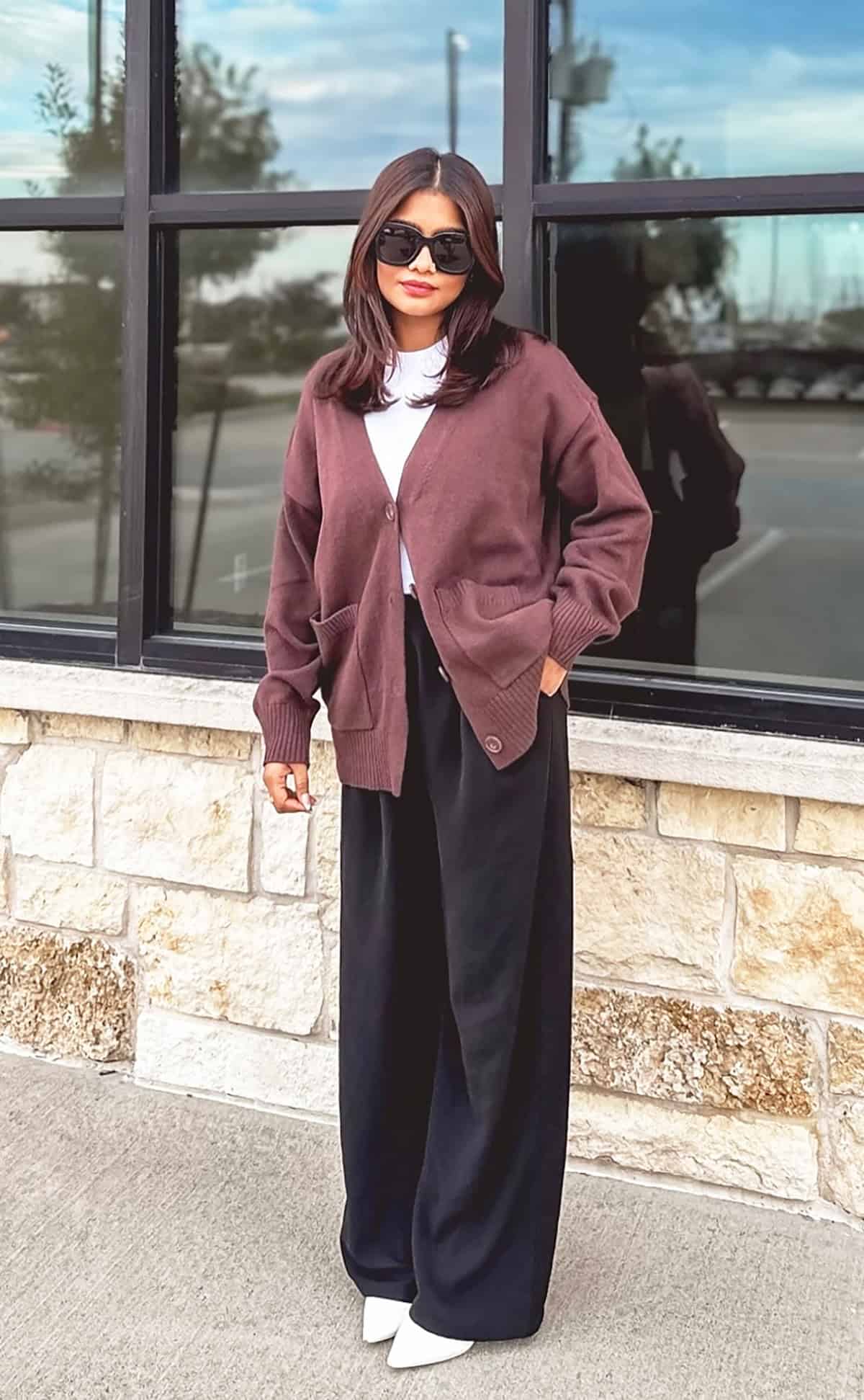 brown button cardigan wide trousers jeans and sweaters for fall