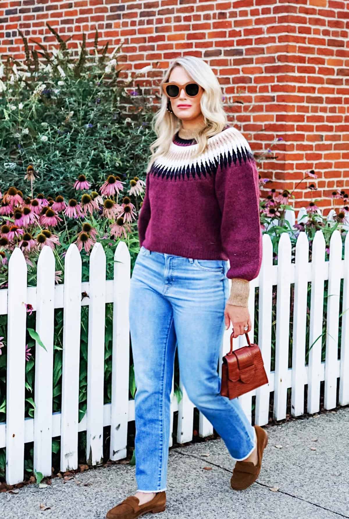 plum Fair Isle knit light denim jeans and sweaters for fall