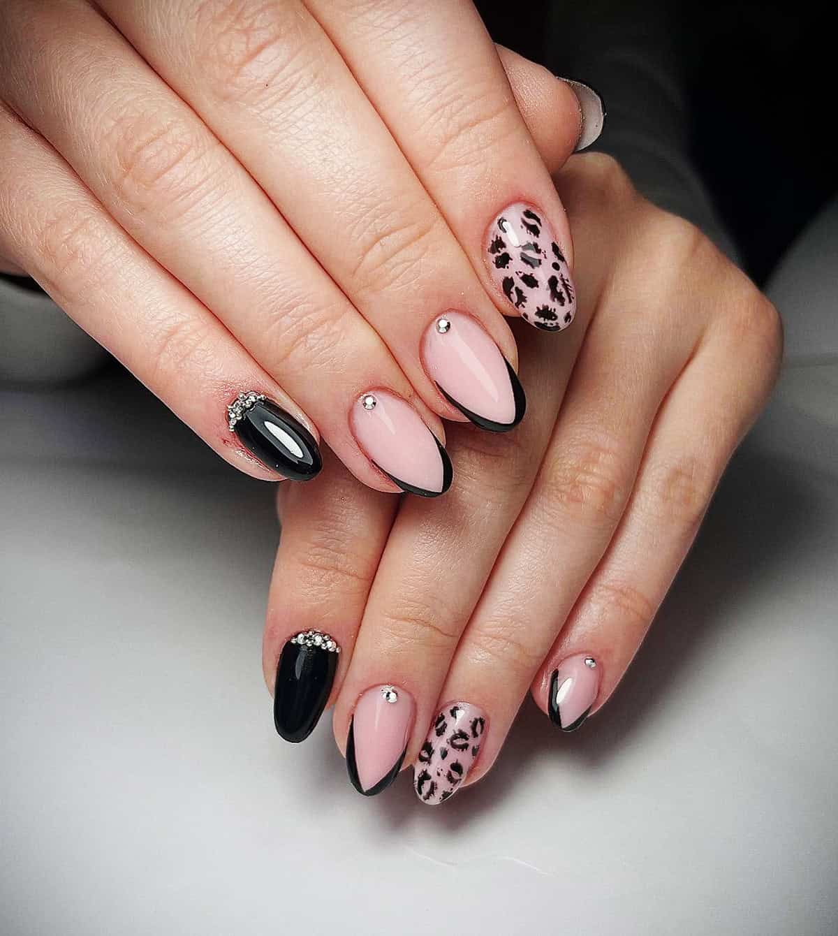 pink almond rhinestone French black leopard print nails