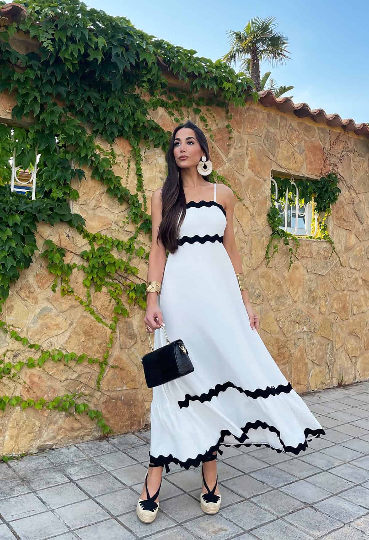 white maxi dress with black scalloped trim office attire for summer