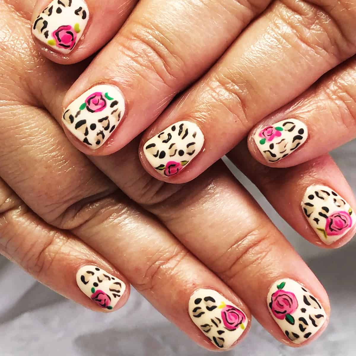 cream rose leopard print short leopard print nails