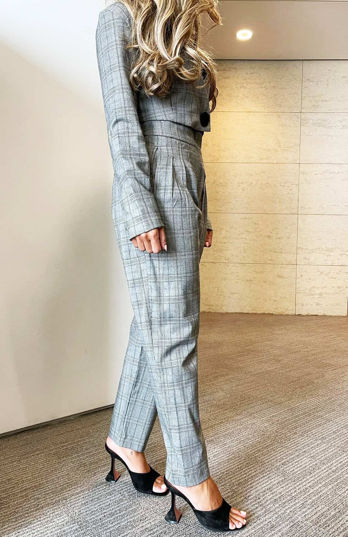 grey plaid matching set outfit office attire for women