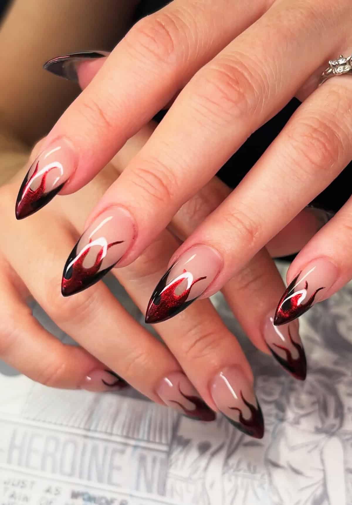 black red glitter red flame nails
