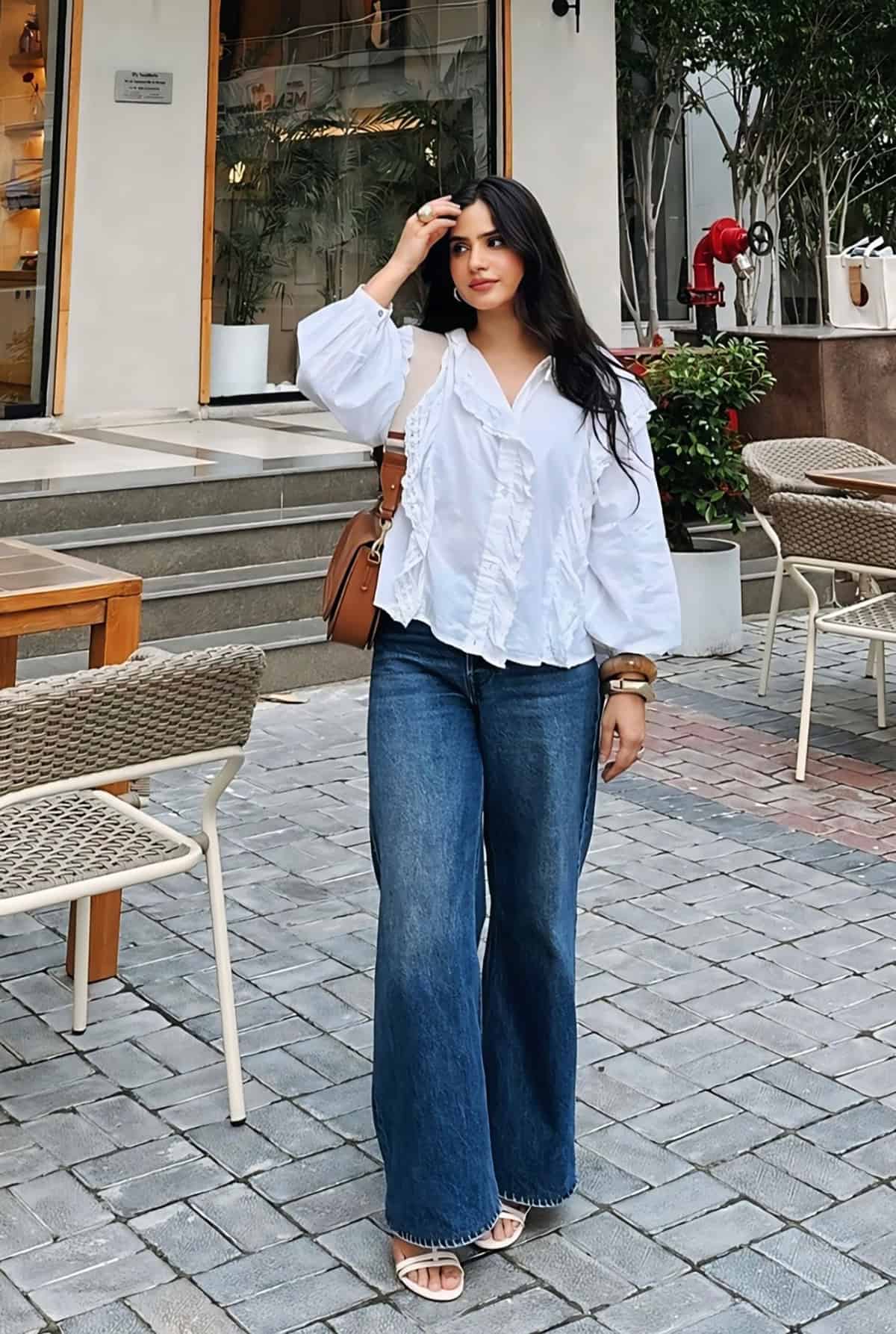 ruffle blouse dark wide-leg jeans for casual friday