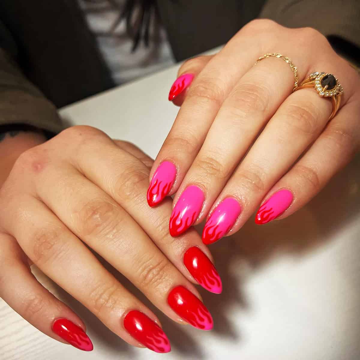 hot pink red flame nails