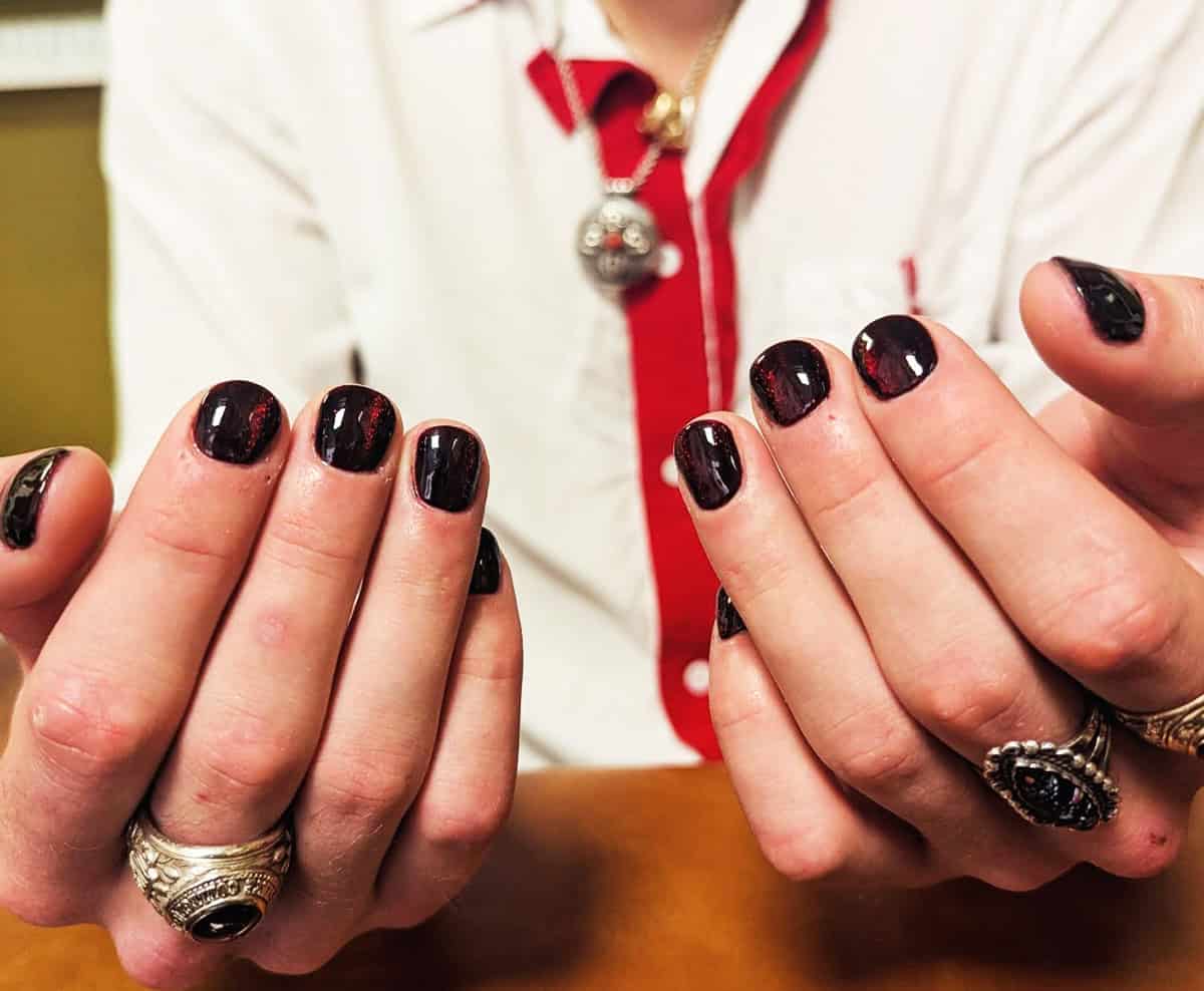 deep burgundy glossy men's nails