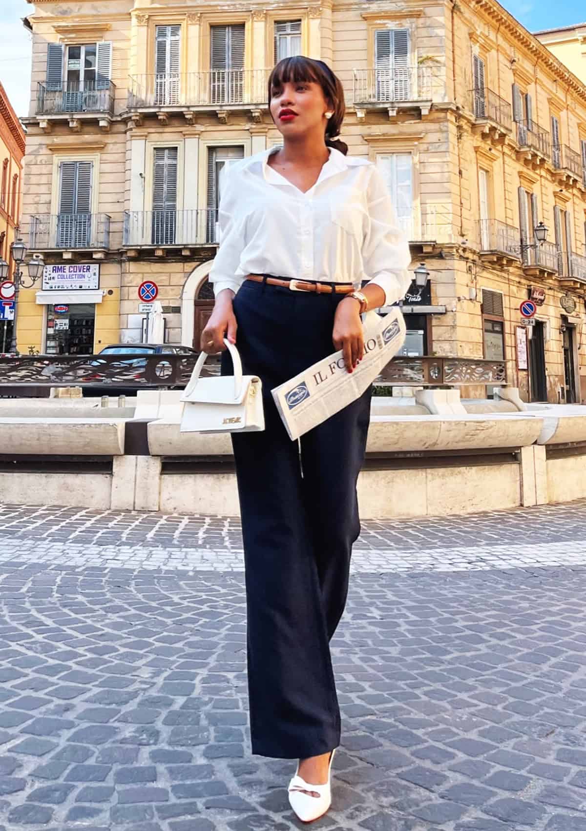white long sleeve button down shirt with tan belt office attire for summer