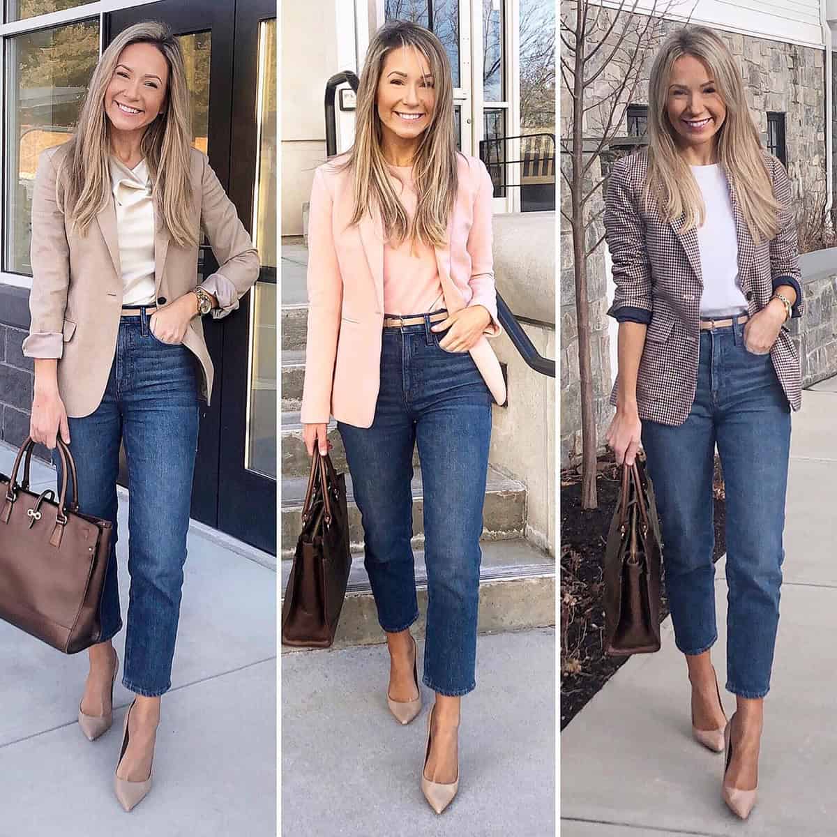 three blazer outfits dark cropped jeans for casual friday