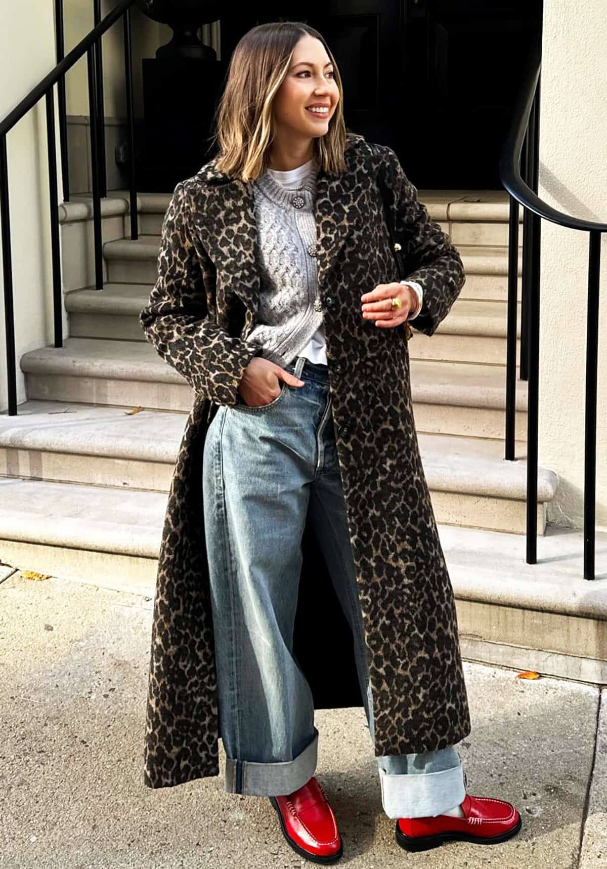 leopard coat cable knit denim jeans and sweaters for fall