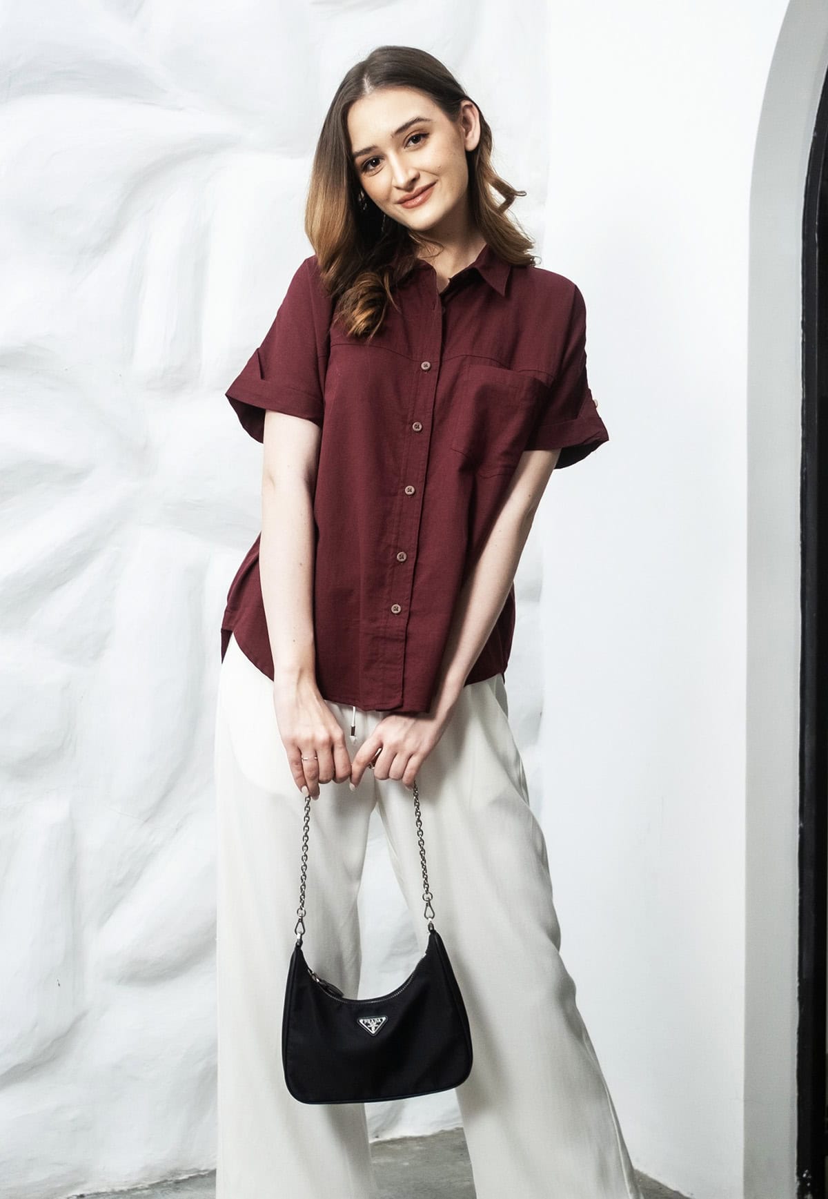 short-sleeve linen button-down office attire for summer