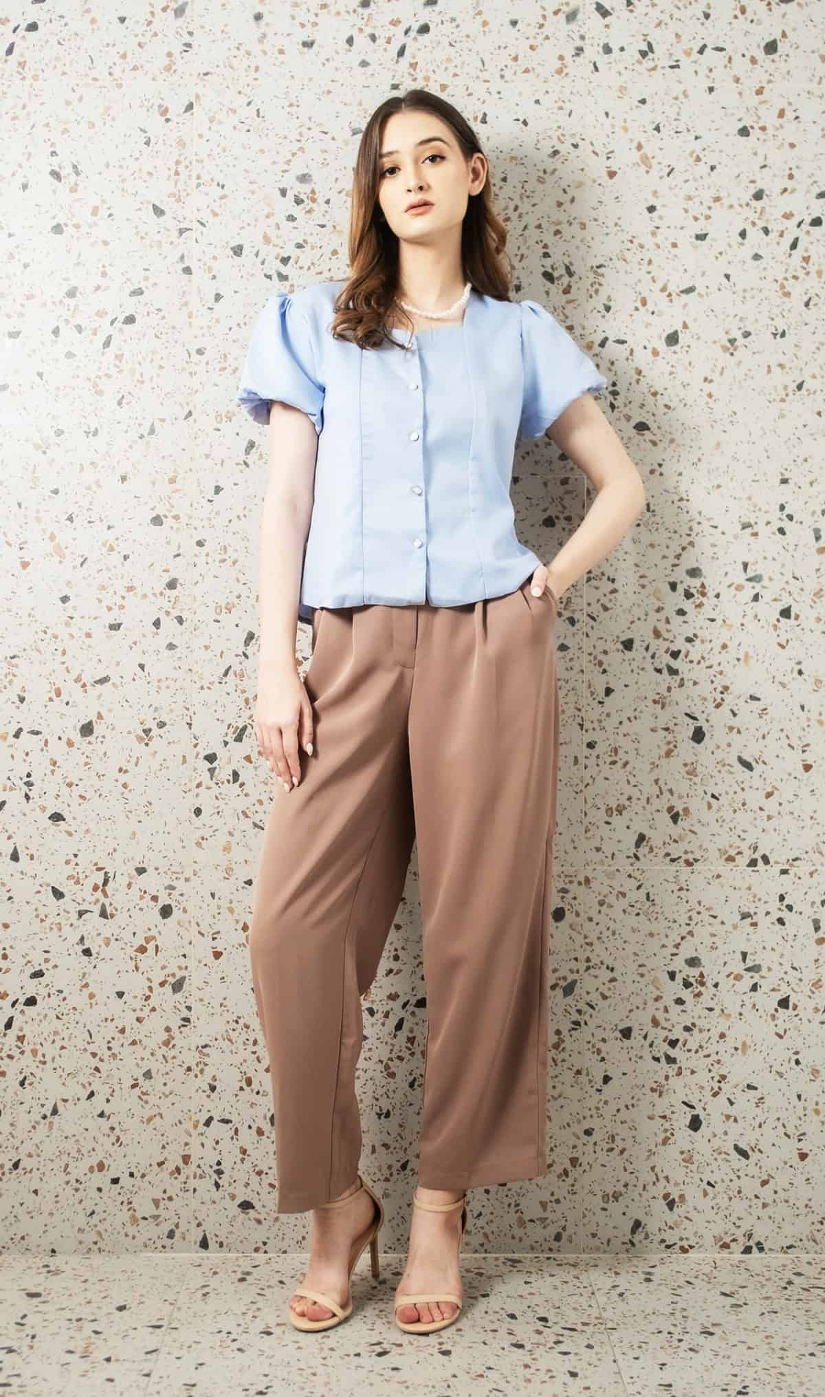 powder blue short-sleeve button-front blouse office attire for summer