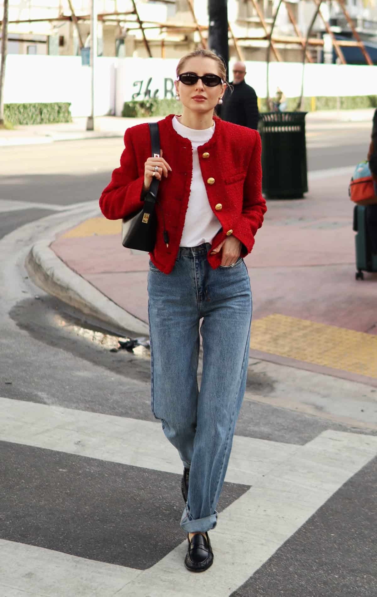 red tweed jacket light wash jeans for casual friday