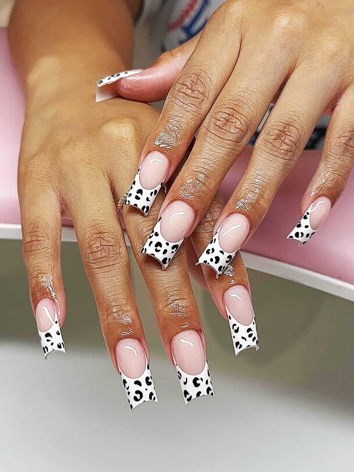 long square wide cheetah French cheetah print nails