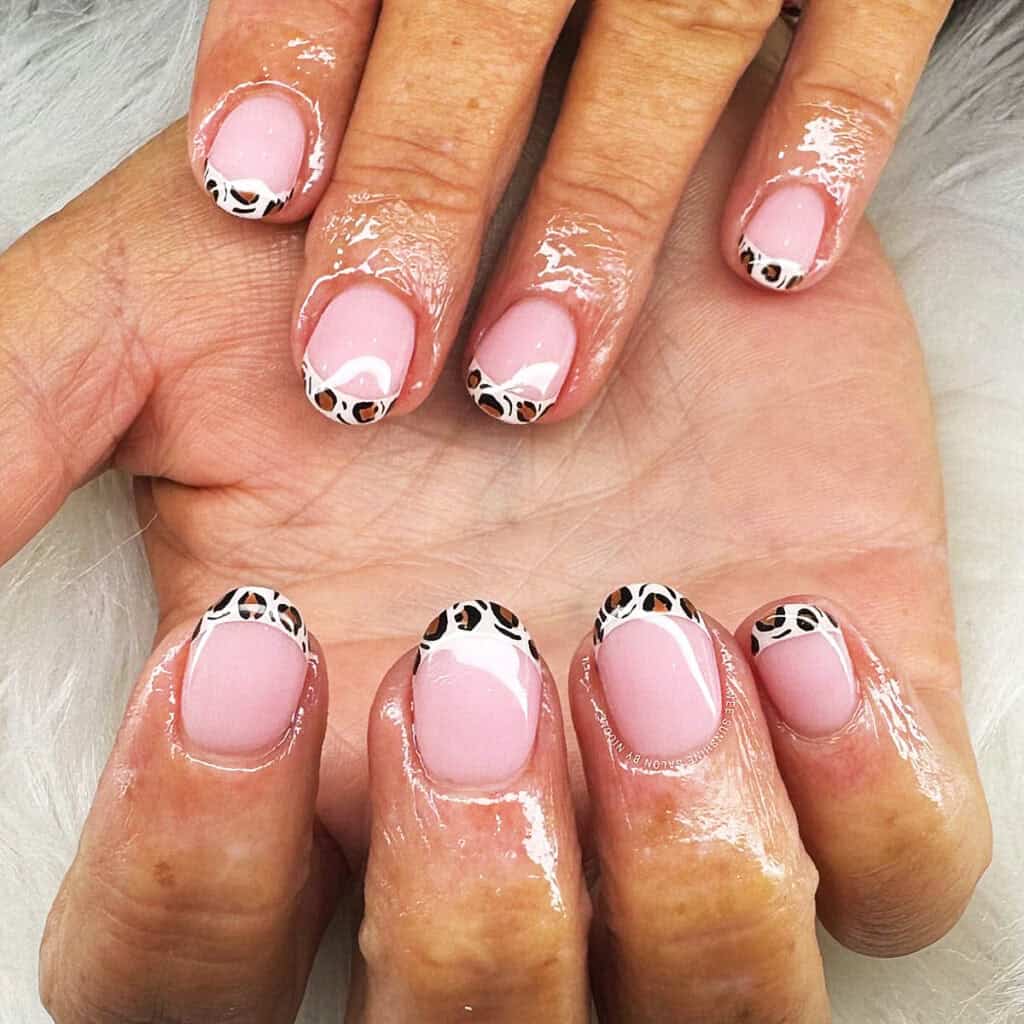 pink base printed tip short leopard print nails