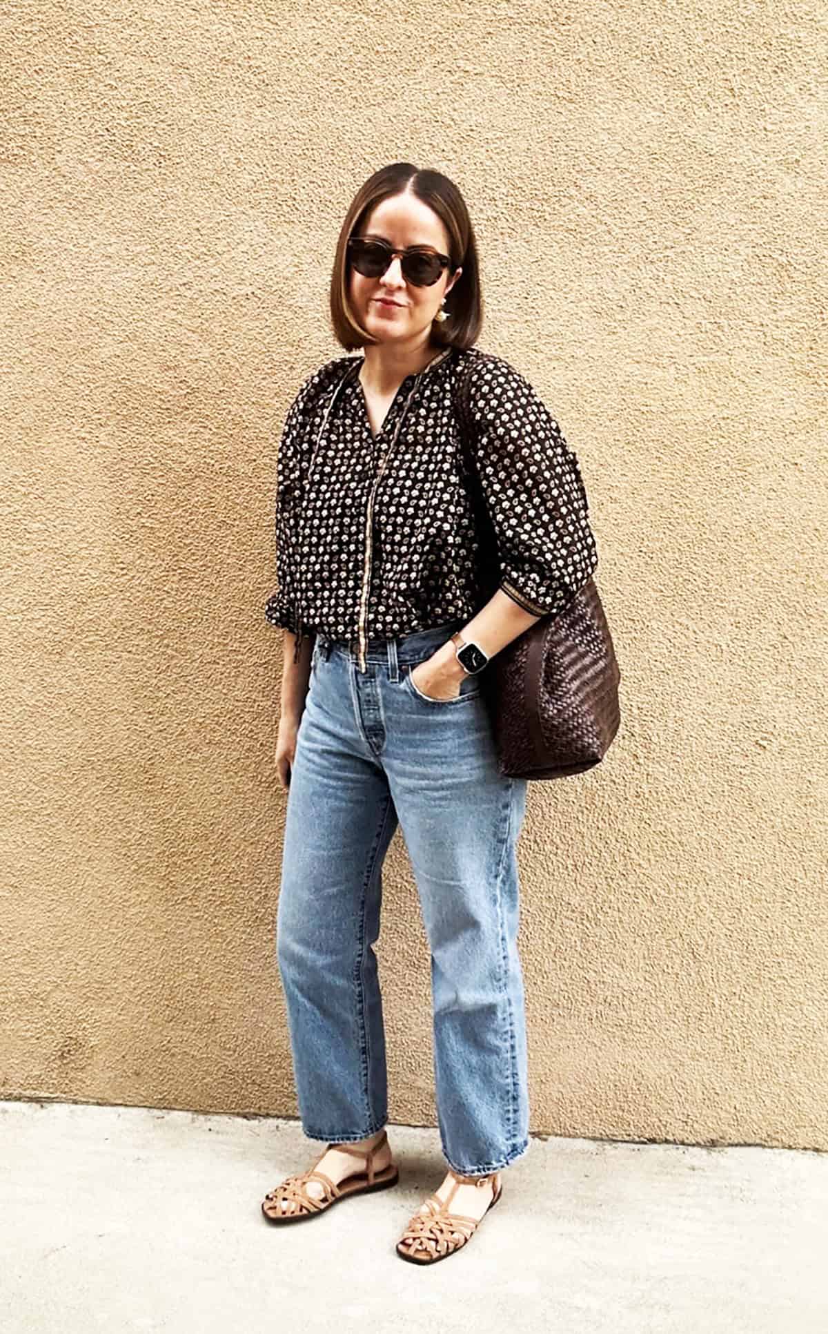 dark floral print blouse with straight-leg jeans office attire for summer