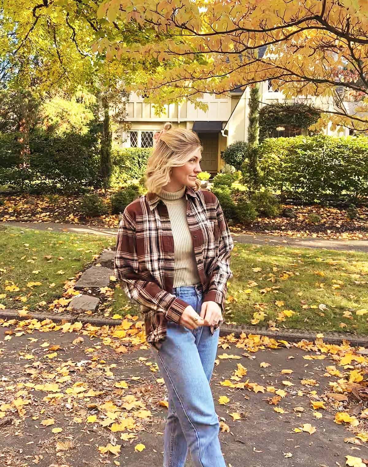 brown flannel turtleneck light denim jeans and sweaters for fall