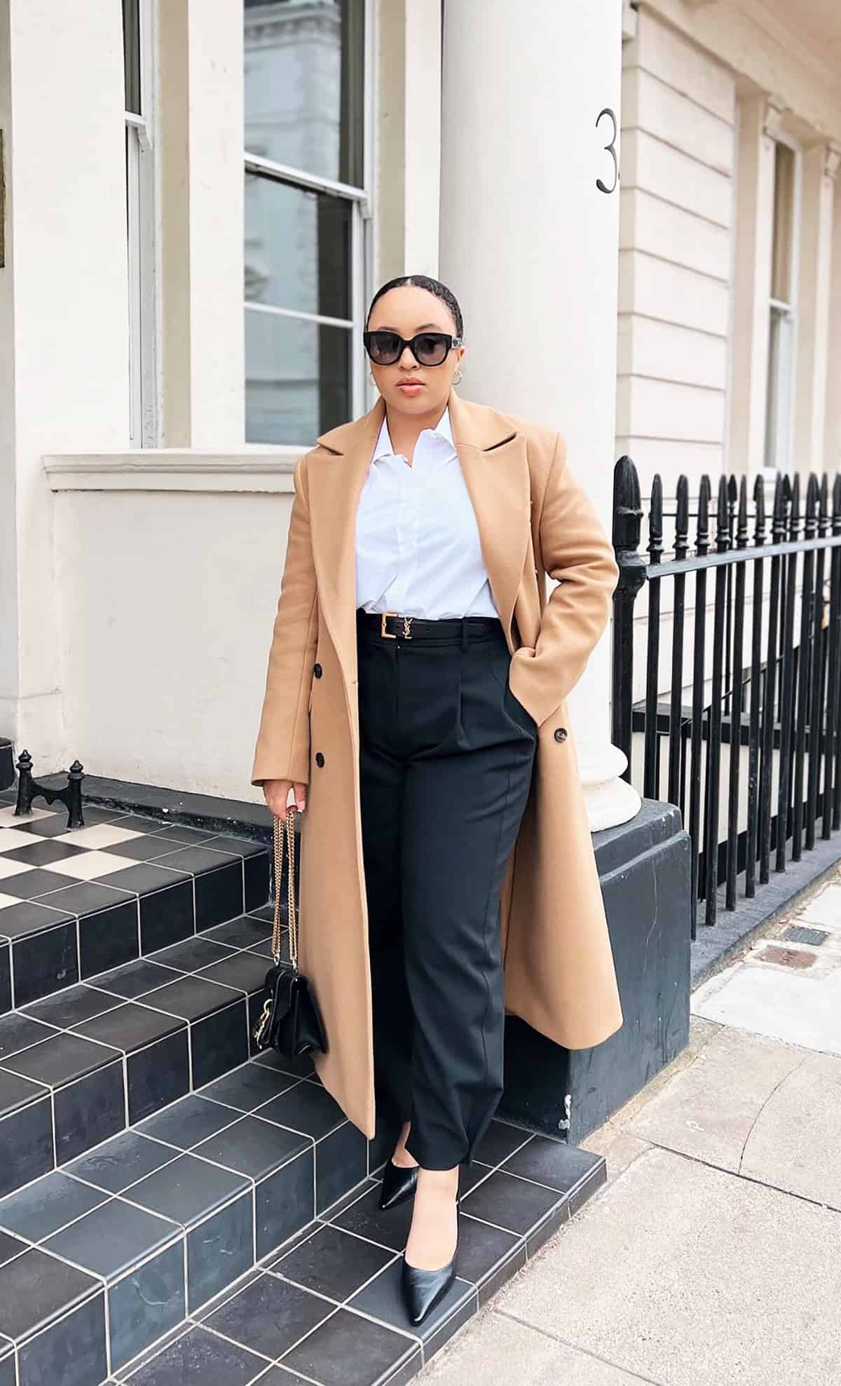 camel coat black trouser outfit office attire for women
