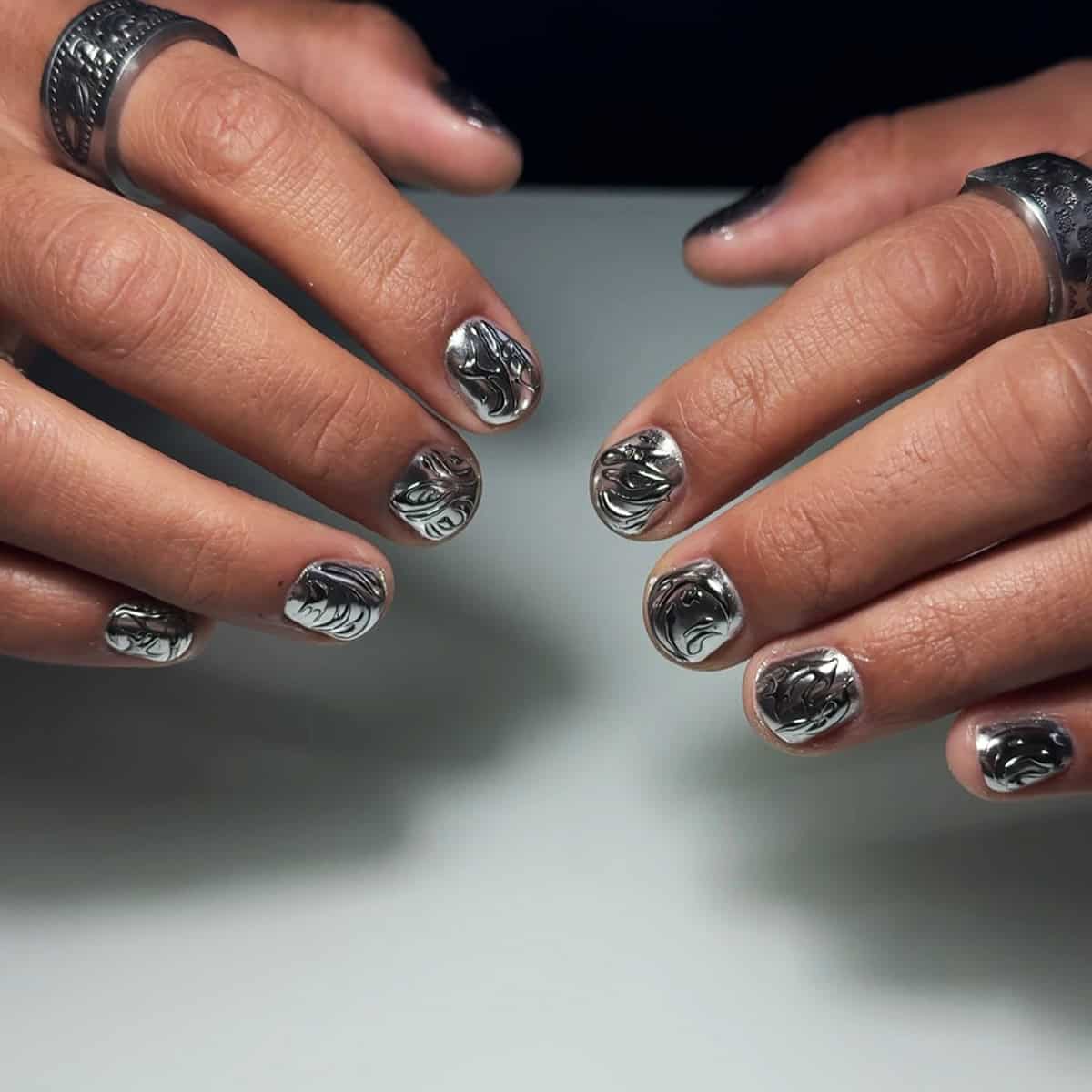 silver marble chrome men's nails