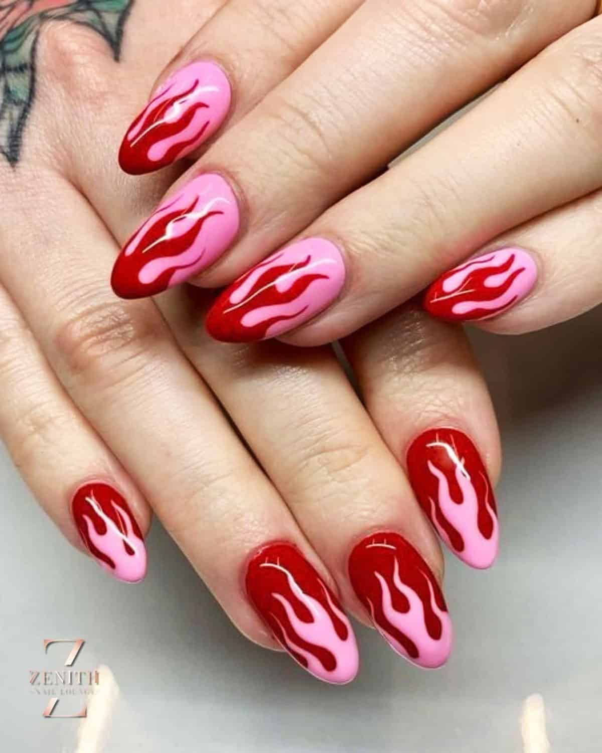 alternating pink red flame nails