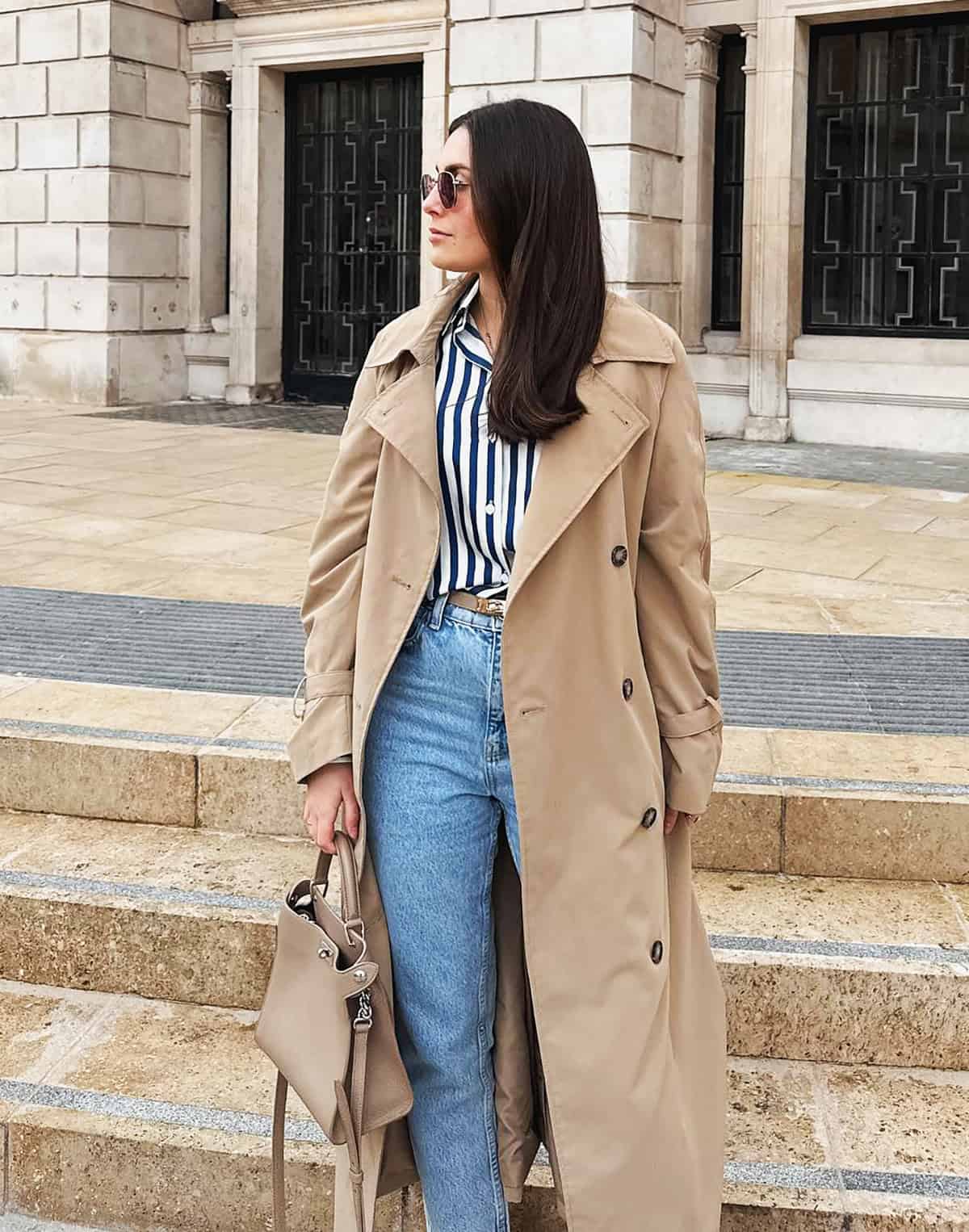 trench coat striped shirt jeans for moms who need easy outfit ideas
