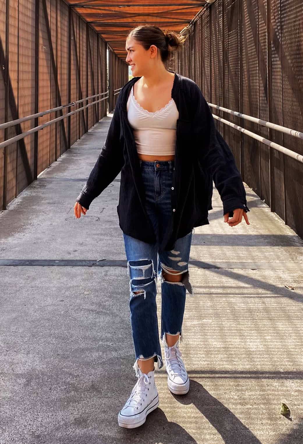 oversized navy shirt distressed jeans for moms who need easy outfit ideas
