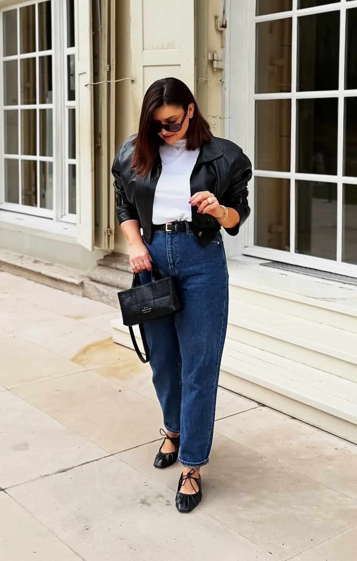 white tee leather jacket dark jeans for moms who need easy outfit ideas