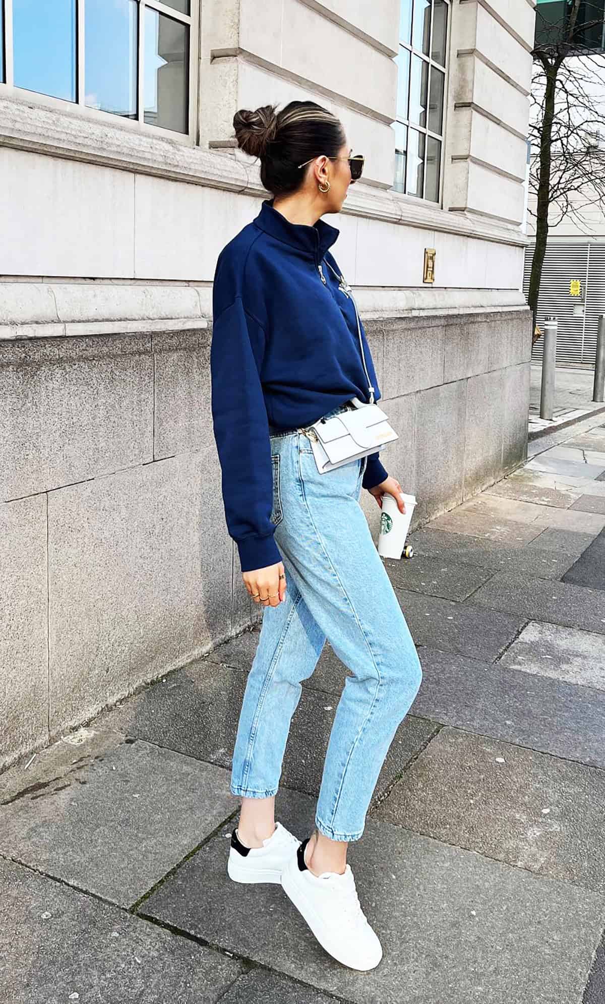 navy sweatshirt light wash jeans for moms who need easy outfit ideas