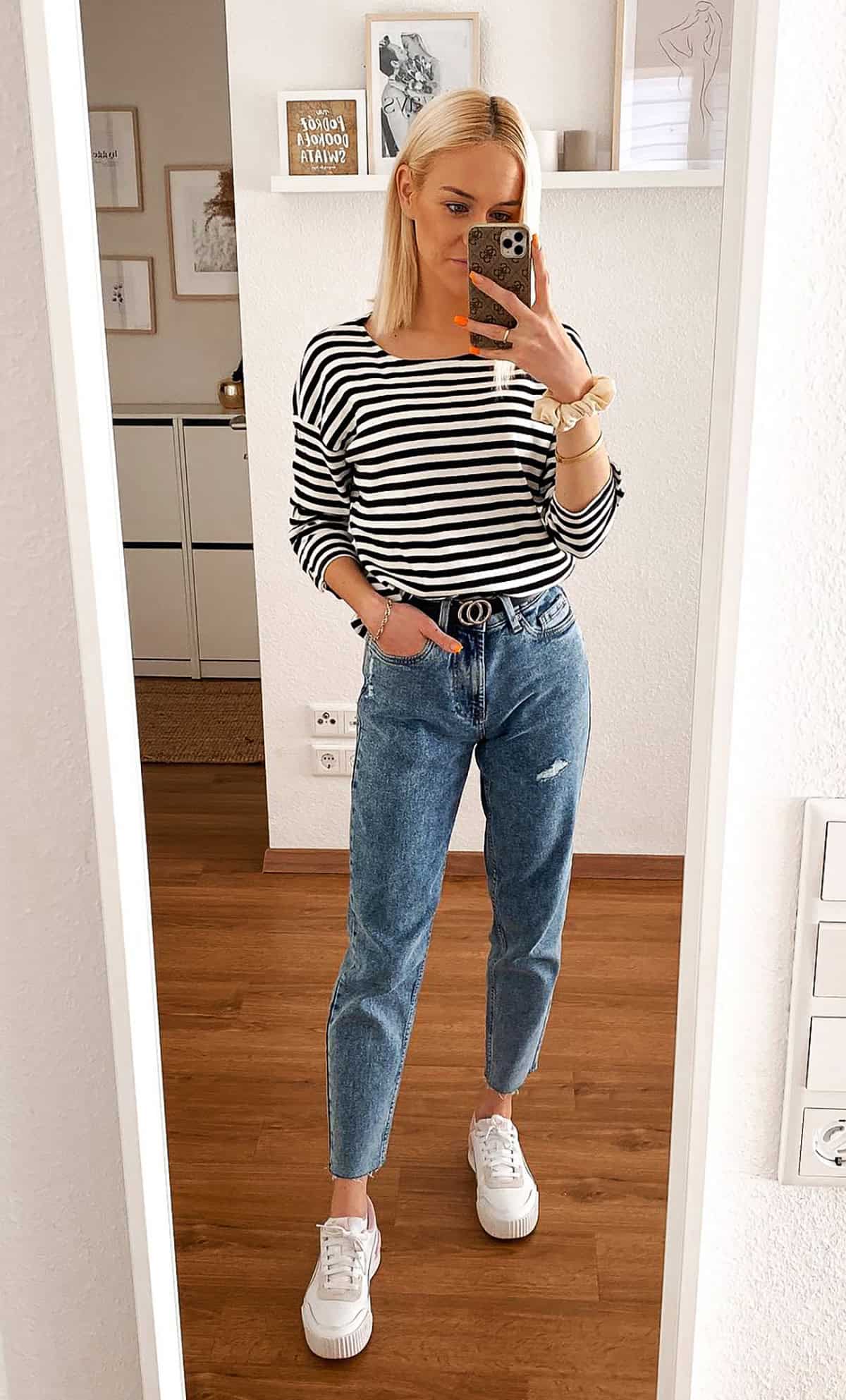 striped tee straight-leg jeans slides for moms who need easy outfit ideas
