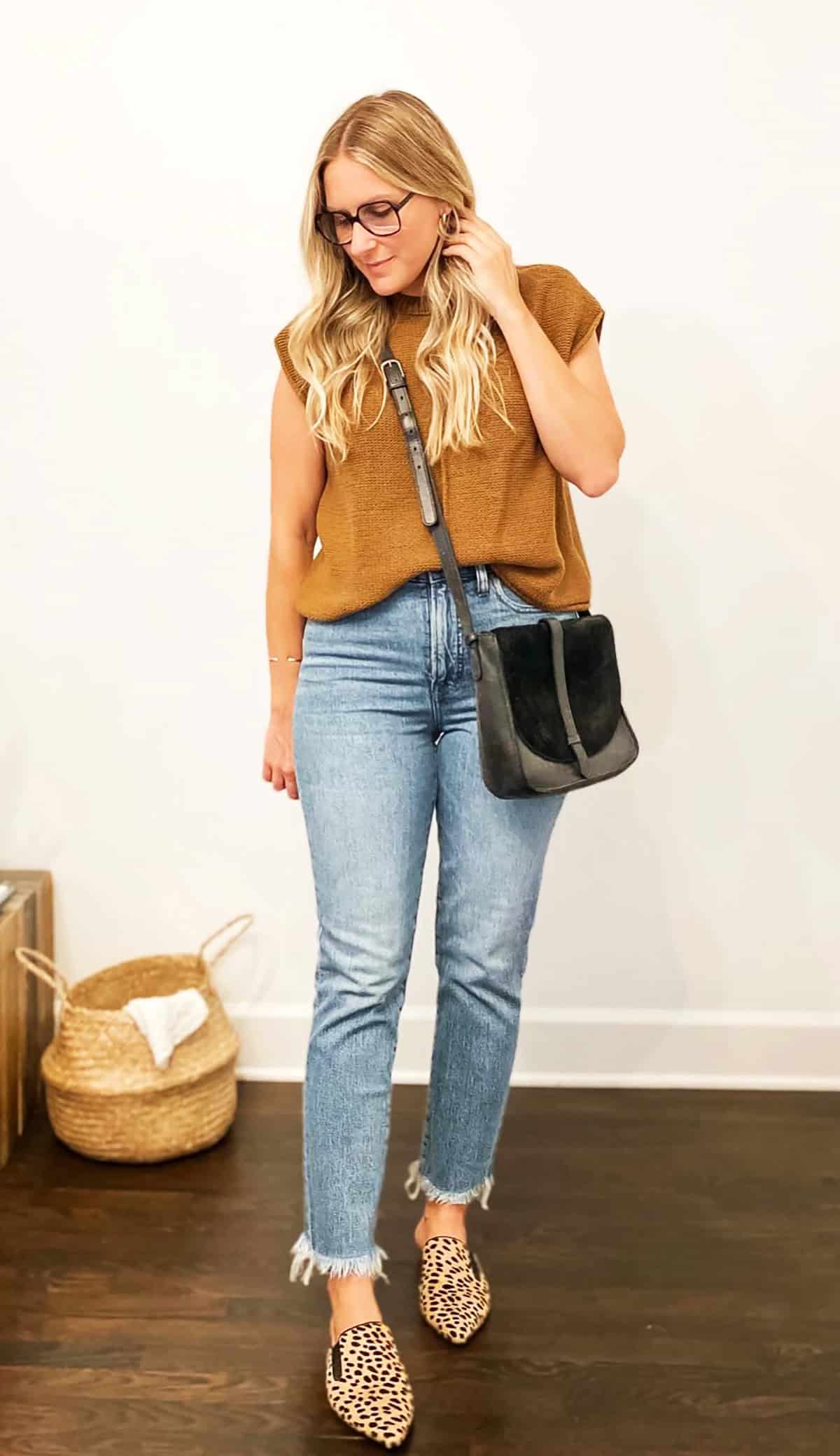 rust knit top straight jeans for moms who need easy outfit ideas