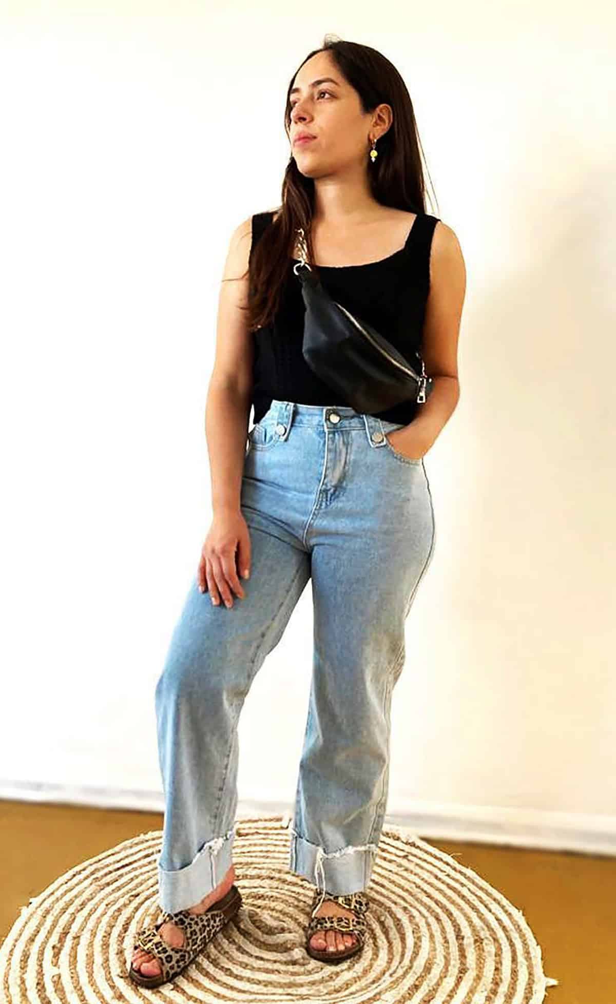 black tank wide-leg cuffed jeans for moms who need easy outfit ideas
