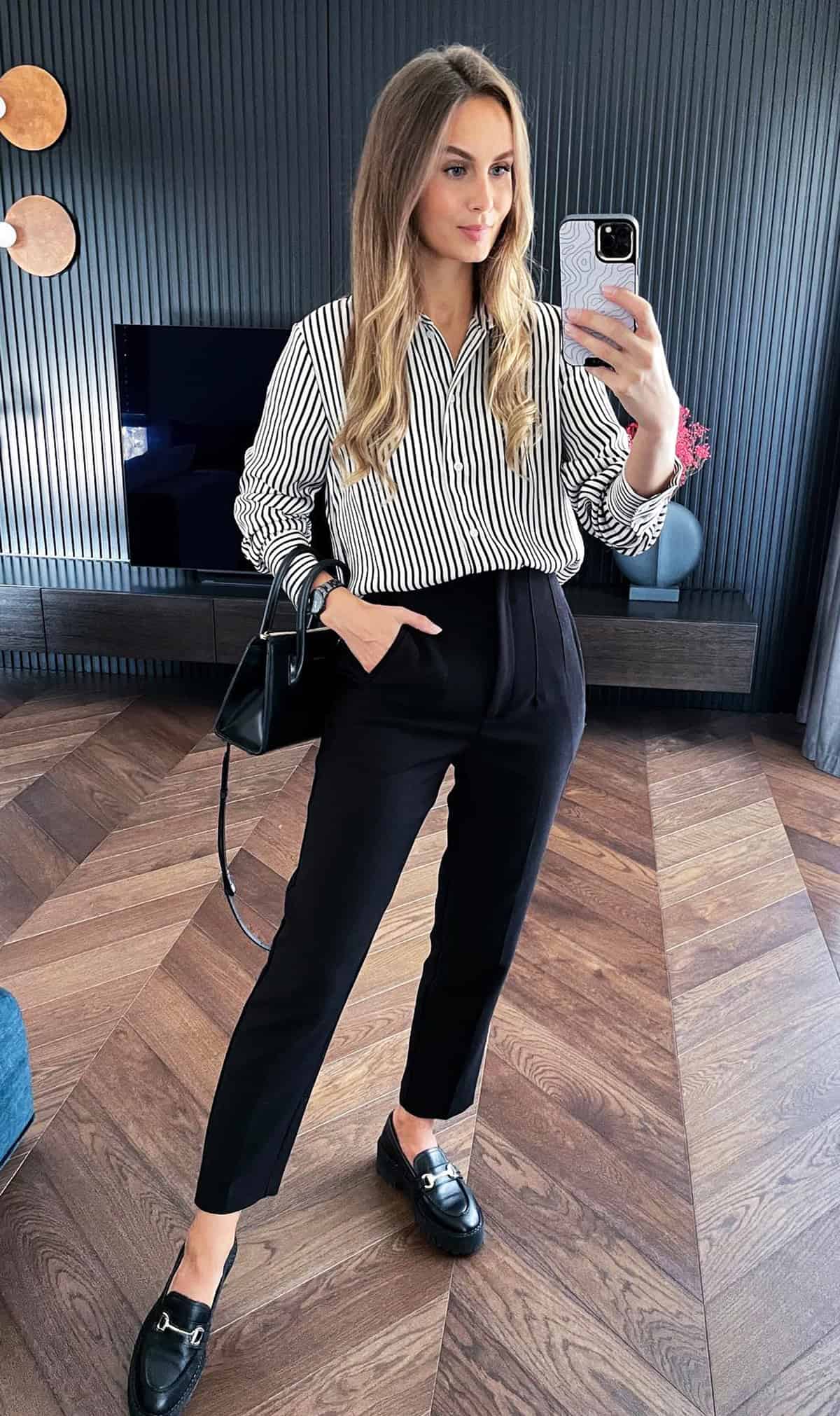 striped blouse with black trousers casual office outfits