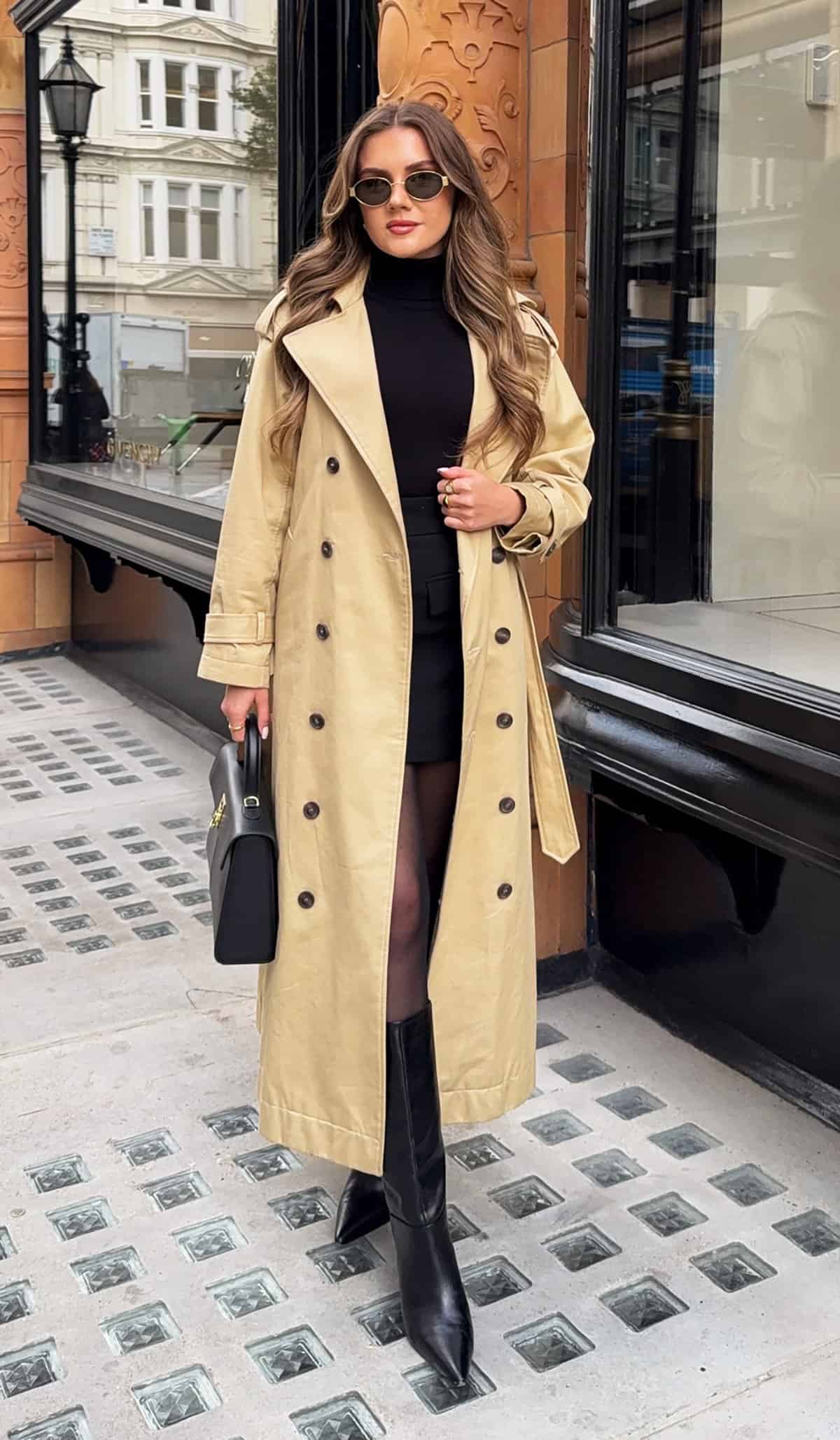 beige trench with black mini dress, affordable date night outfits