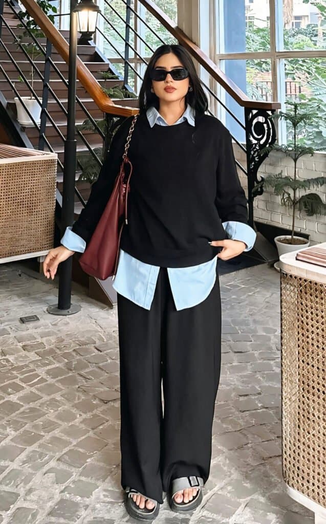 black sweater with wide-leg pants, affordable date night outfits