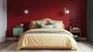 spring bedroom ideas: a bedroom updated for spring with pops of color in dill green and butter yellow, with a cherry red accent wall behind the bed