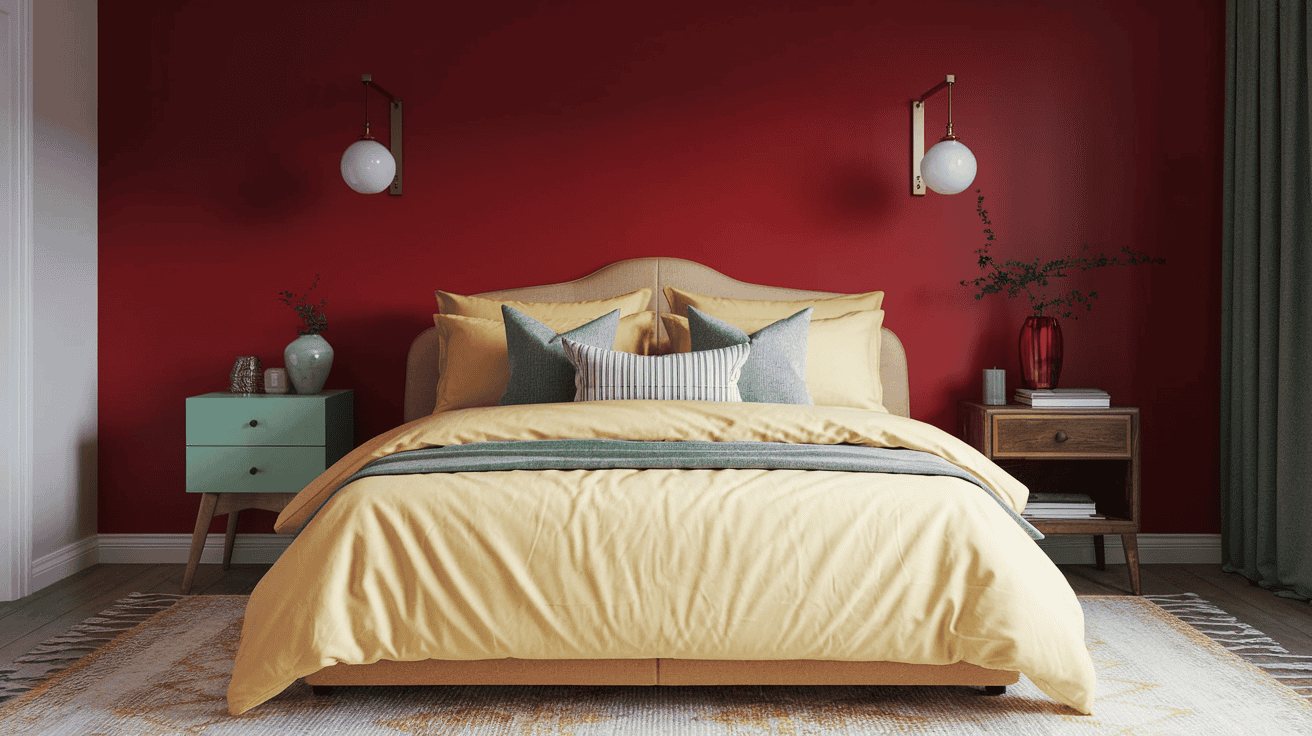 spring bedroom ideas: a bedroom updated for spring with pops of color in dill green and butter yellow, with a cherry red accent wall behind the bed