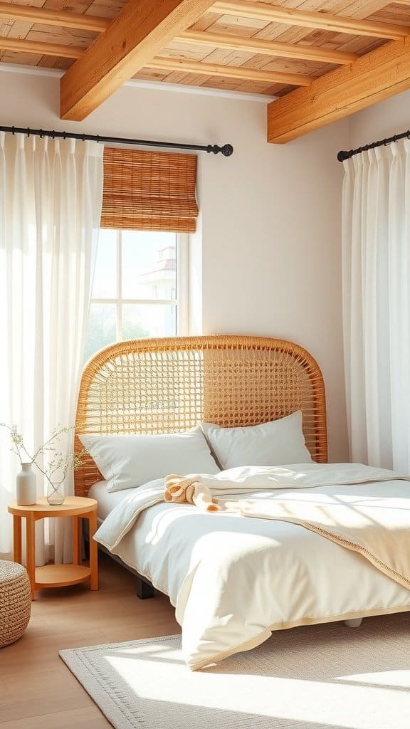 A cozy bedroom featuring a rattan headboard.