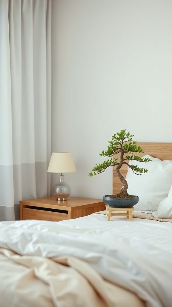 A small bonsai tree placed in a cozy bedroom setting