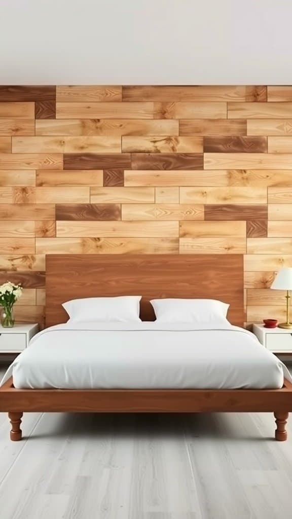 Wooden accent wall in a bedroom with a bed and nightstands.