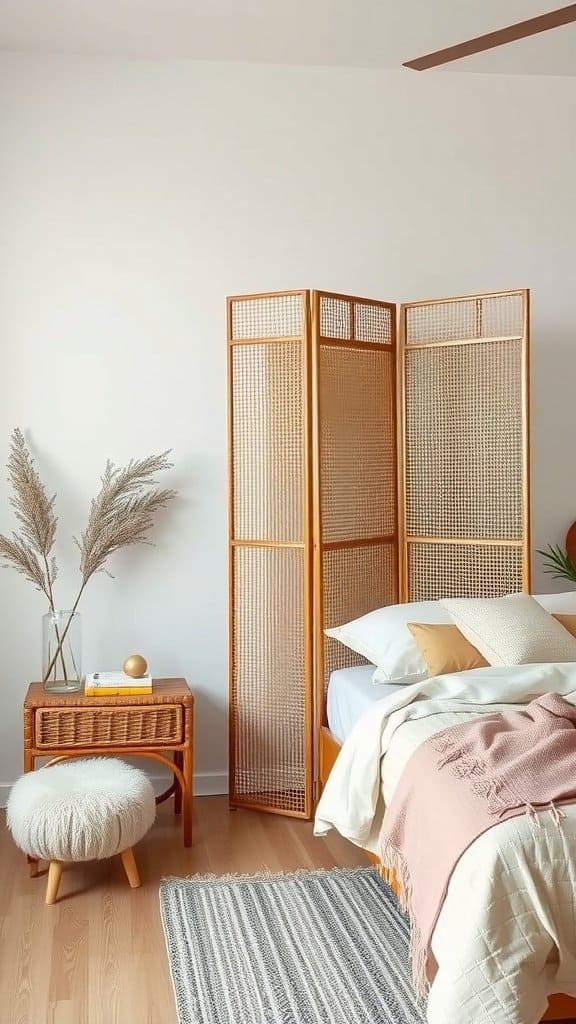 A cozy bedroom featuring rattan and bamboo elements, showcasing a folding screen