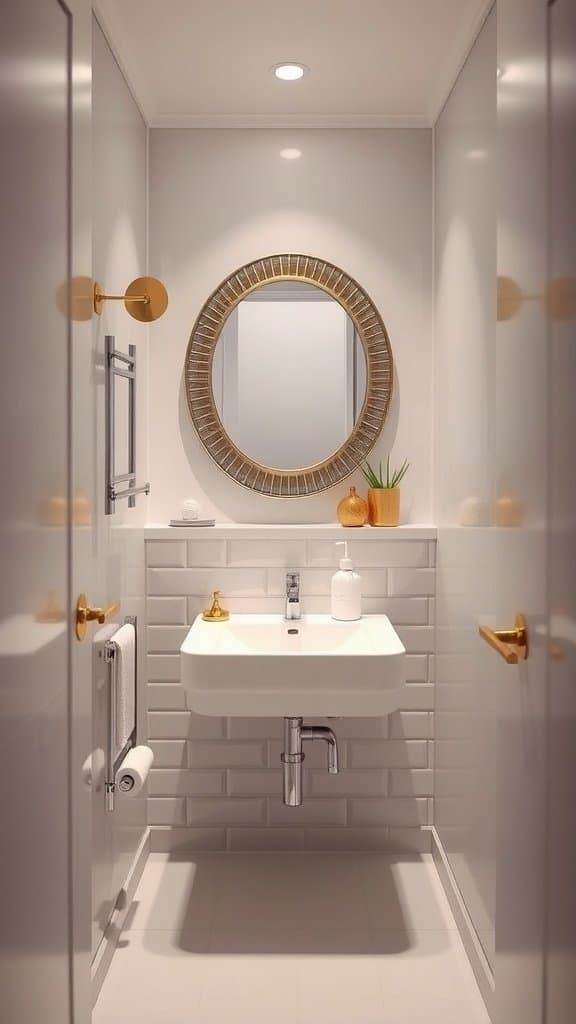 Small full bathroom with a round mirror and reflective accents