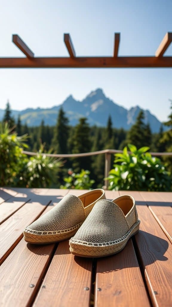 A pair of trendy espadrilles in a light oat color, suitable for various outfits.