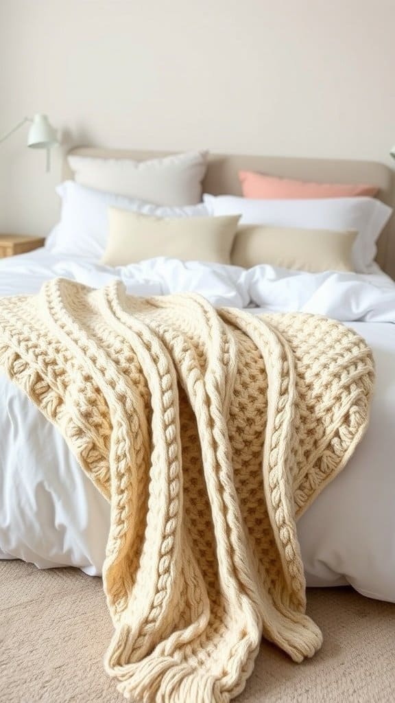 A cozy alpine oat throw blanket draped over a bed.