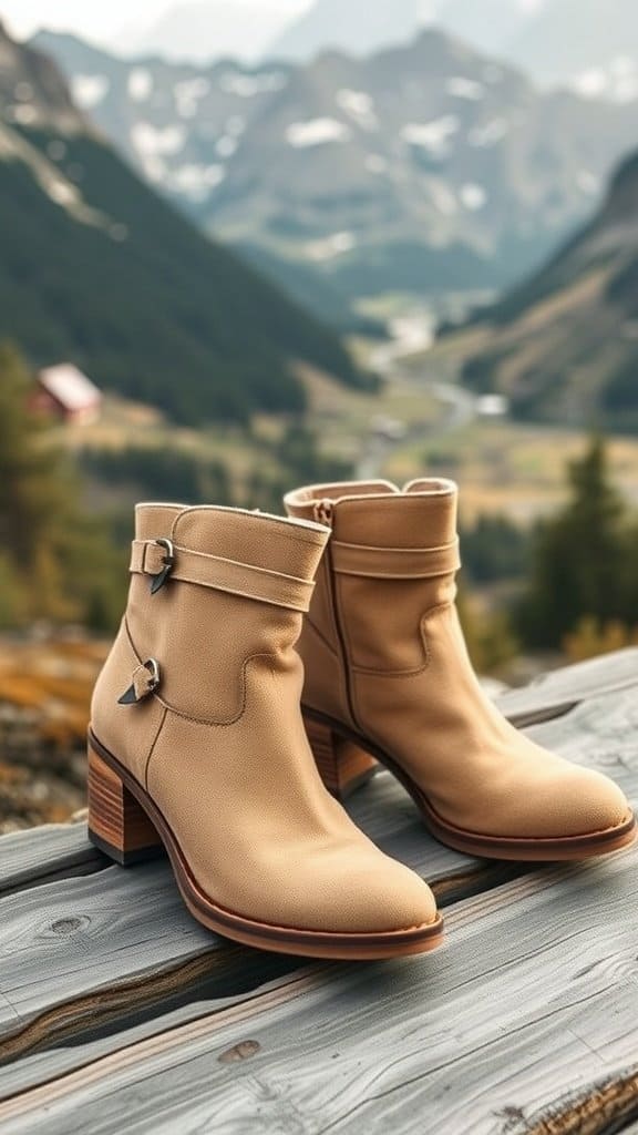 A pair of stylish ankle boots in alpine oat color